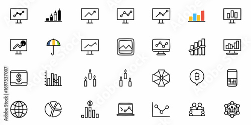 Collection of business and finance icons featuring graphs charts and other related symbols in black outline