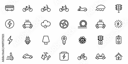 Illustration of various modes of transportation, energy sources, and household items in a simple line art style