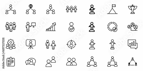 Illustration of various business and team management icons representing collaboration and achievement goals