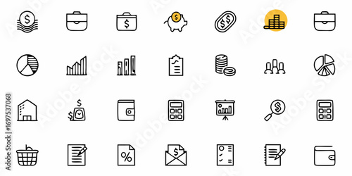 Collection of finance and business icons including charts, money, wallet, calculator and other business items