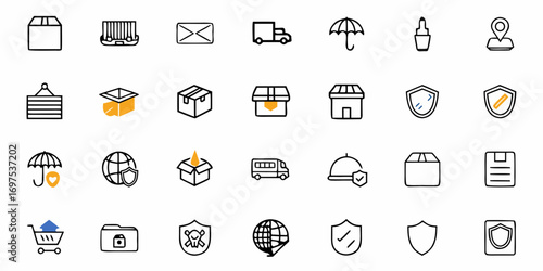 Diverse logistics and delivery icons set featuring boxes trucks and security elements in a clean style