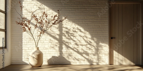 Interior background of room with brown stucco wall and vase with branch 3d rendering, Generative AI