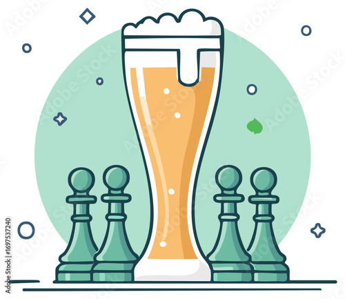 Tall glass of foamy beer surrounded by chess pawns in a recreational game concept