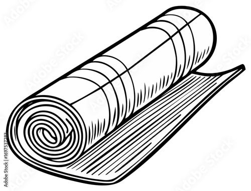 Stylized Yoga Mat Outline Black and White Rolled for Exercise or Workout Relaxation, Fitness Accessory.