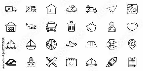 Collection of transportation and service icons including ambulance car plane ship and various professions