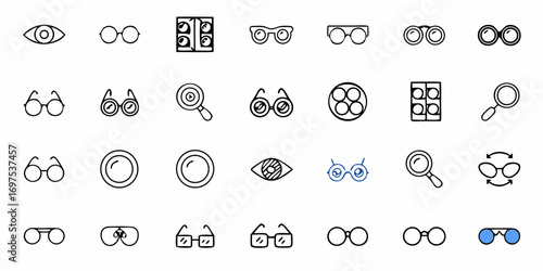 Collection of optical related icons including eyes glasses and magnifying glasses in various styles and forms