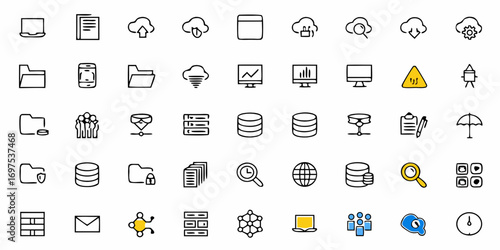 Illustration showing a variety of network and computing icons including cloud storage and data management tools