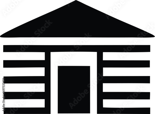 Simple silhouette icon of a log cabin building with a triangle roof and rectangular doorway for rustic home or rural dwelling concepts.