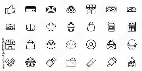 Collection of various line icons featuring commerce, business, and everyday objects in simple black outlines