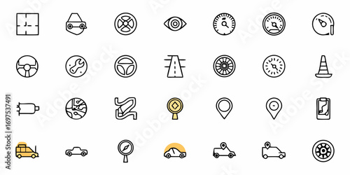 Collection of various transportation and navigation related icons in a simple line art style format
