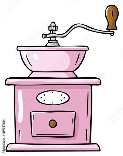 Charming pink retro manual coffee grinder illustration with a classic hand crank and pull-out drawer
