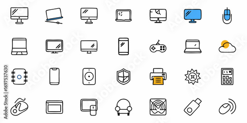 Collection of various technology and household icons including watches phones and other electronic devices