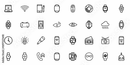 Collection of digital technology and data related icons in a simple outline style on a white background