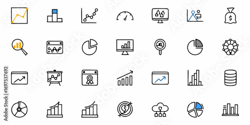 Collection of finance and business icons including charts graphs and money related symbols in black outline