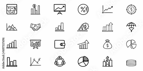 Collection of business and data analysis icons depicting graphs charts and other related elements in a grid format