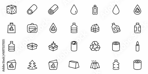 Illustration of various recycling icons including water drops, bottles, and cardboard boxes in black outline