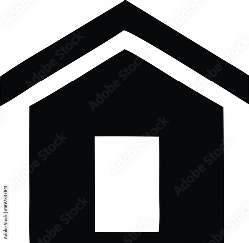 Simple black silhouette of a house with a gable roof and rectangular doorway perfect for real estate and home services icons