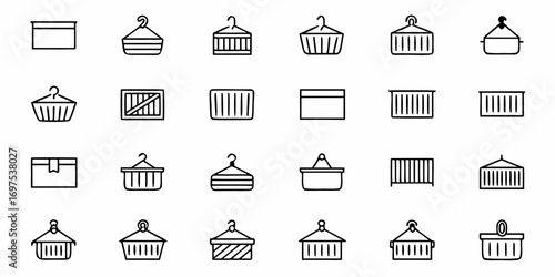 Collection of twenty four container and basket icons with various styles and shapes in a grid format