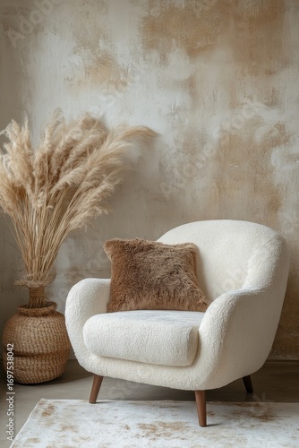 Curved chair and accent side table against stucco wall with rustic decor. Boho home interior design of modern living room, Generative AI