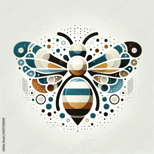 Stylized geometric bee illustration with colorful patterns and dots.