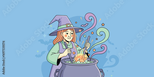 Smiling witch stirring a bubbling cauldron with magical fumes on a light blue background, creating a whimsical and enchanting scene.