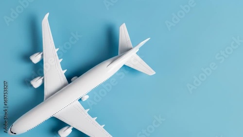 A white airplane model is positioned diagonally on a vibrant blue background, viewed from directly above
