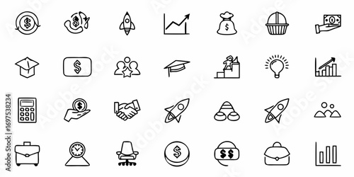 Collection of business and finance icons representing growth and investment strategies and opportunities