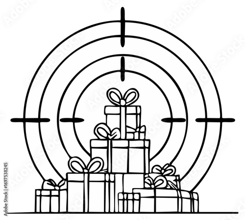 Targeting holiday gifts: gift boxes inside a bullseye, black and white illustration.