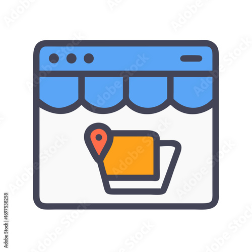 Online store icon showcasing location and shopping cart features