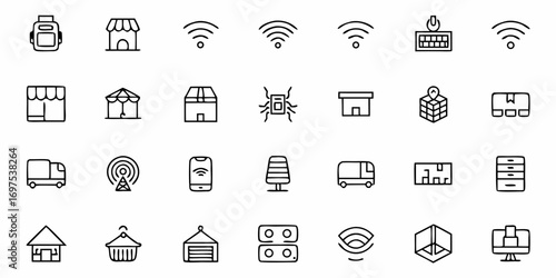 Illustration depicting various industrial and logistical elements in a minimalist style outline design