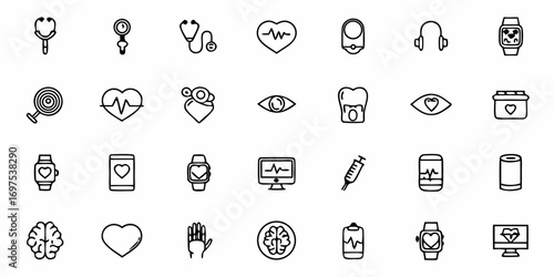Collection of business and finance icons including charts graphs and money related symbols in black outline