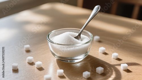 Sweet Sugar Bowl With a Spoon Beside Sugar Cubes on a Wooden Table in Soft Natural Light
