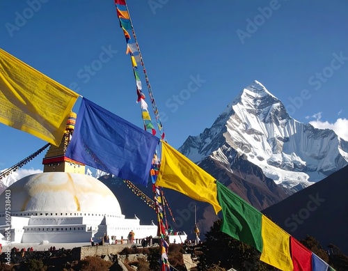 Mountain temple with prayer flags