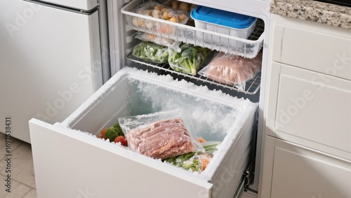 Freezer Filled With Frozen Vegetables, Meat, and Prepared Meals Organized for Meal Preparation Tasks