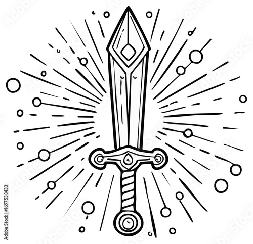 Ornate fantasy sword design with radiating light lines and circles