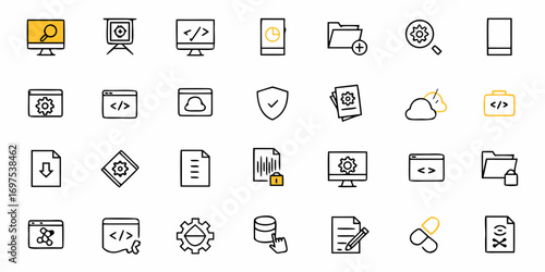 Illustration of various web development and software icons including code, files, and settings tools