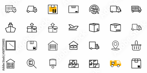 Collection of shipping and delivery icons including trucks boxes planes and warehouse outlines in black and white