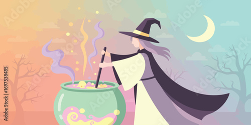 Witch stirring a bubbling cauldron under the moonlight in a spooky forest, creating a magical potion with enchanting swirls and mystical atmosphere.