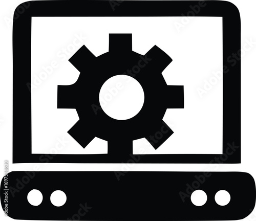 Computer screen with gear icon symbolizing settings configuration and system maintenance for technology and it services website icon