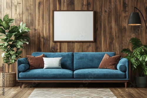 Turquoise fabric sofa and wall mounted cabinets against wood lining wall with blank mock up poster frame. Mid-century, vintage, retro style home interior design of modern living room, Generative AI