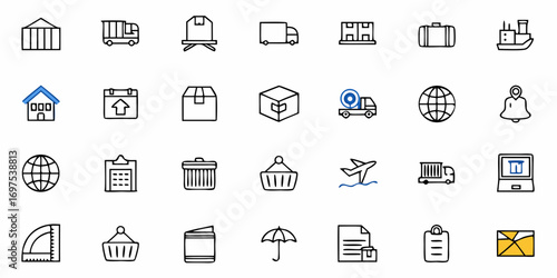 Collection of finance and business icons featuring charts money and growth symbols in a simple line style
