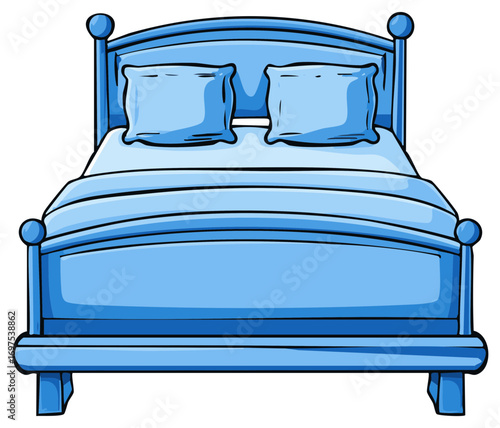 Blue Cartoon Bed with Pillows and Blanket, Home Decor Illustration