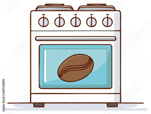 Roasted Coffee Bean Inside An Oven Cartoon Illustration
