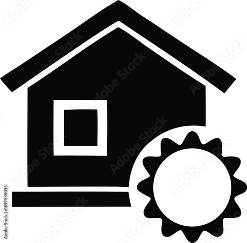 Iconographic representation of a house and a sun suggesting solar energy or a sunny home environment for residential use.