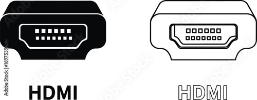 Close-up icons of HDMI connectors, one solid black and one outlined, representing digital connectivity.