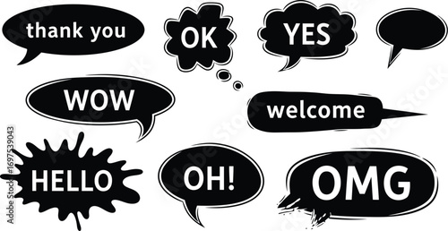 Collection of black speech bubbles with positive and common words for communication