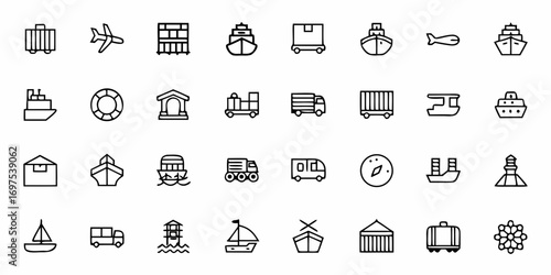 Line art icons depicting various transportation methods including ships planes and land vehicles in a grid pattern