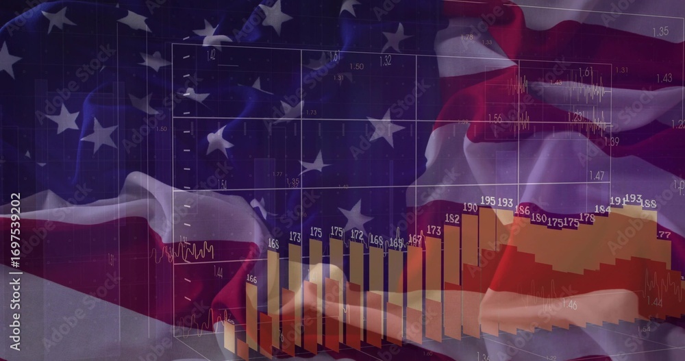 Obraz premium Displaying American flag backdrop in digital environment, showing financial chart on 3D grid