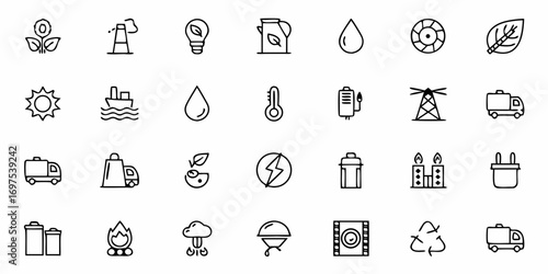 Collection of environmental and energy related icons featuring various themes and elements in a grid