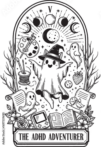 Cute ADHD Ghost Character Surrounded by Books and Magical Elements for Halloween Design